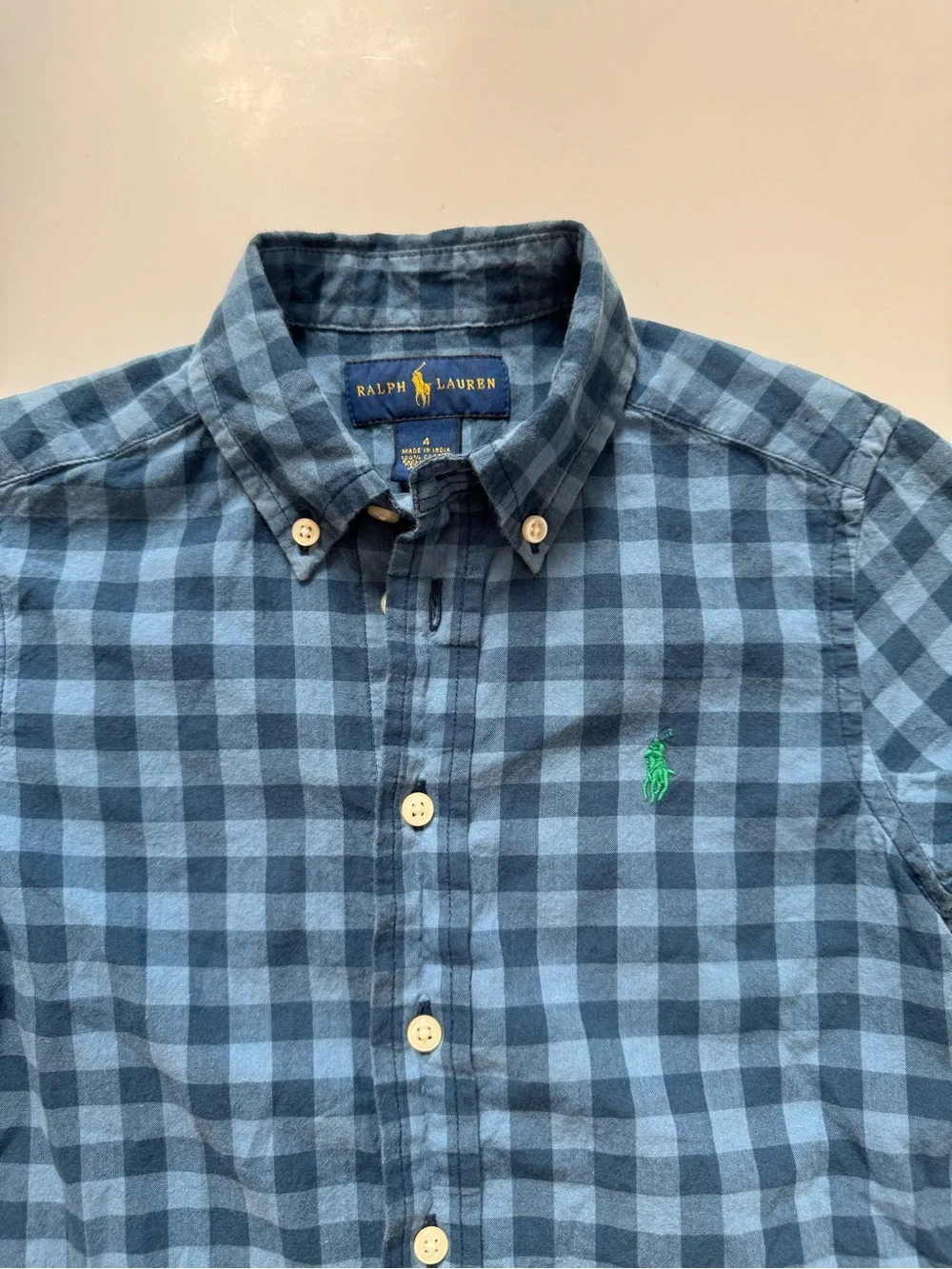 Ralph Lauren Boys Blue Gingham Short Sleeve Button Down Shirt Size 4